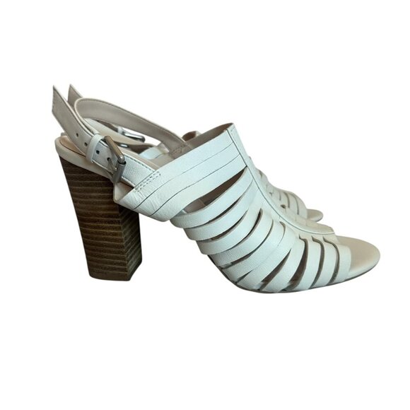 Tahari Makailyn Strappy White High Heel Sandals Leather Wood Block Heel Size 9.5 - Picture 2 of 11